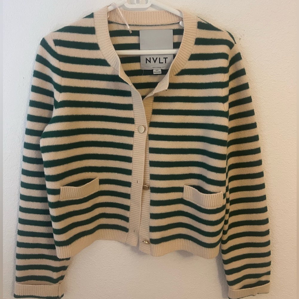 NVLT Women's Striped Cardigan Sweater - Green and Cream
